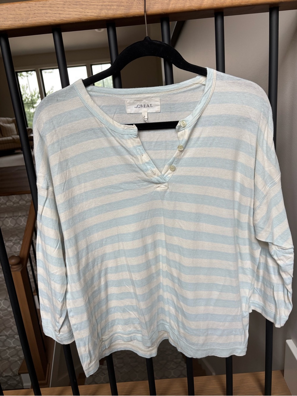 THE GREAT. Striped 3/4 Length Sleeve Henley Long Sleeve T-Shirt